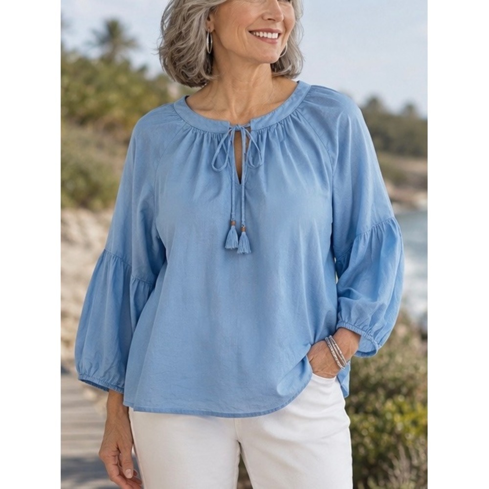 Chico's Blue Balloon Sleeve Tassel Peasant Blouse Size 2 Large Boho Coastal